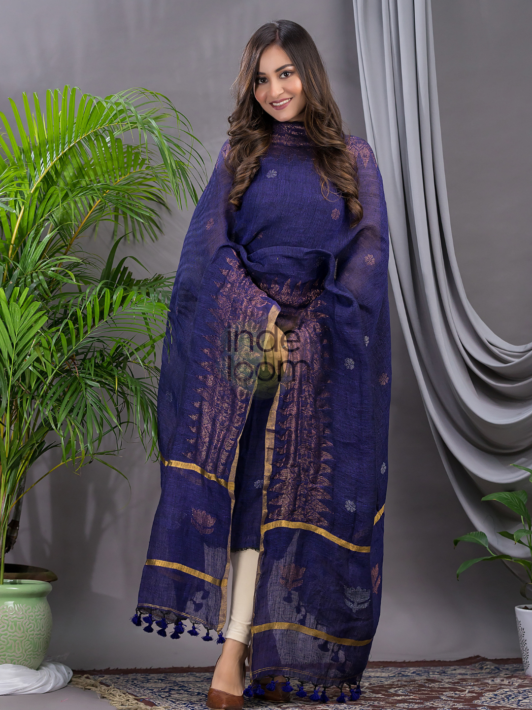 Midnight Blue Linen X Linen 2-Piece Set Kurti & Dupatta (UNSTITCHED) - 127