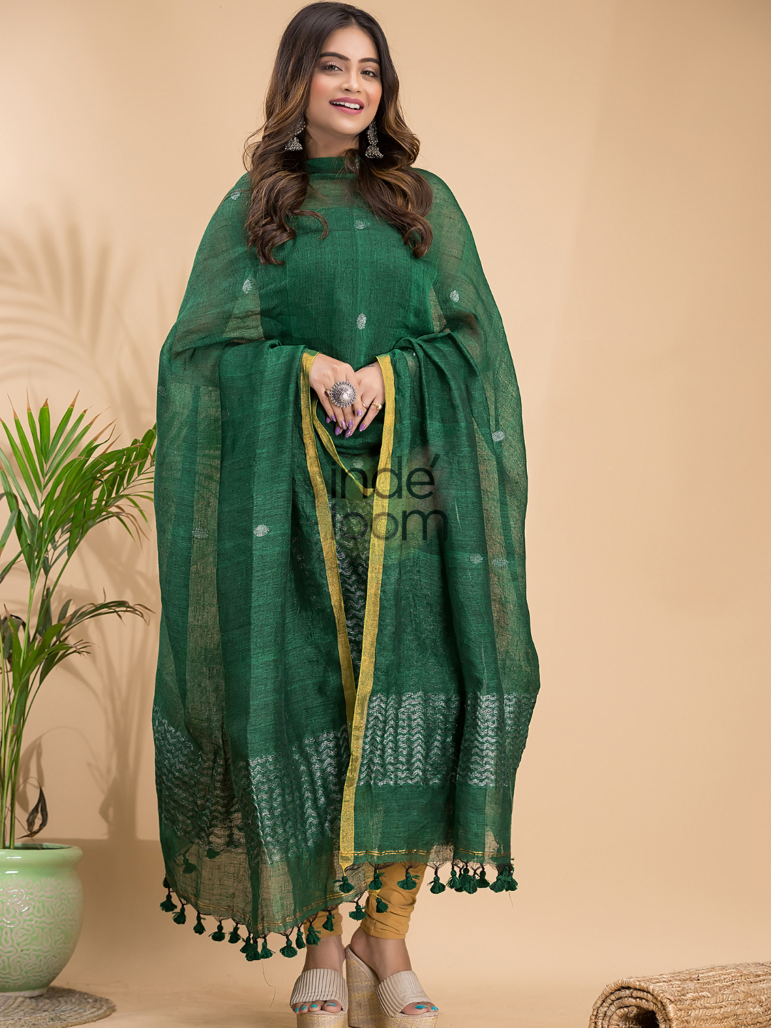 Pine Green Linen X Linen 2-Piece Set Kurti & Dupatta (UNSTITCHED) - 028
