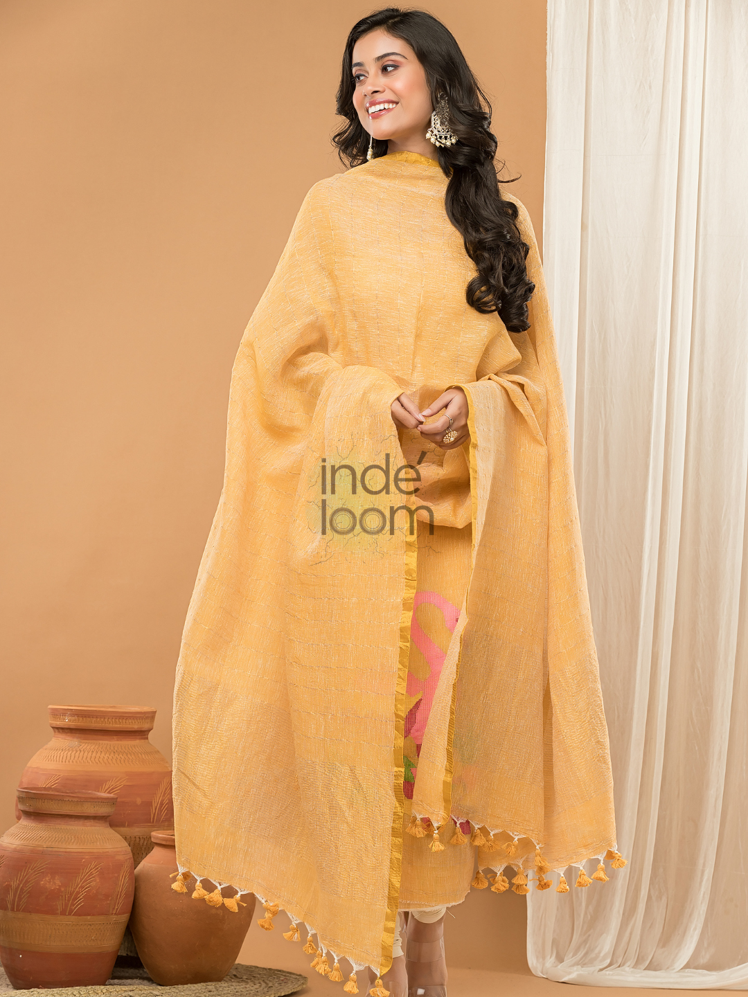 Honey Yellow | Handloom Jamdani Linen Unstitched 2-Piece Kurti