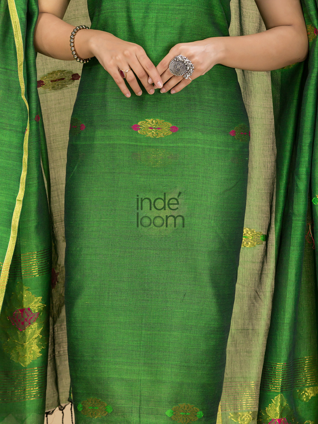 Jungle Green Mercerised Cotton Meenakari Motif 2-Piece Kurti & Dupatta (UNSTITCHED)-871