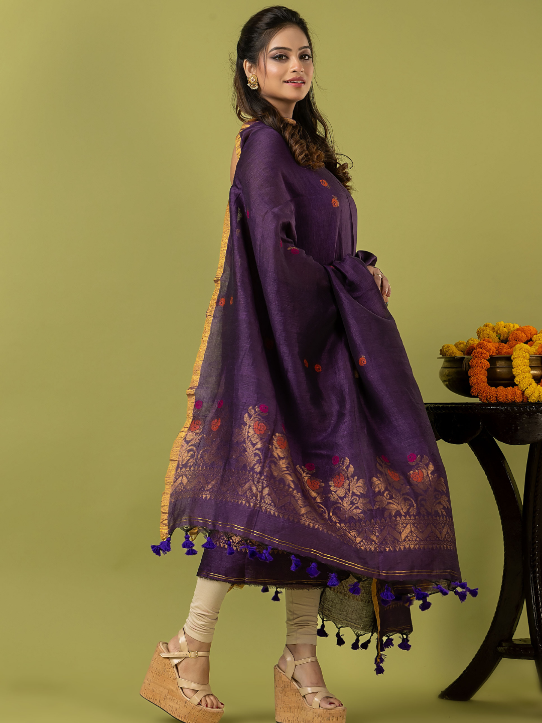 Handwoven Jamdani Linen Unstitched 2-piece Kurti | Aubergine Purple