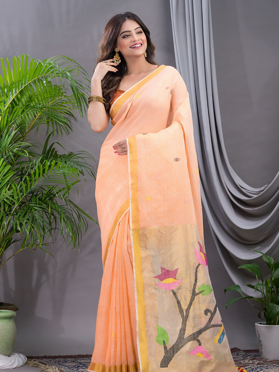 Linen Jamdani Saree With Neon Orange - 029
