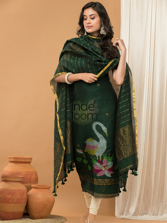 Handwoven Jamdani Linen Unstitched 2-piece Kurti  |  Bottle Green