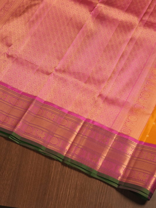Kanjivaram Saree in Mustard Yellow with pink and gold border