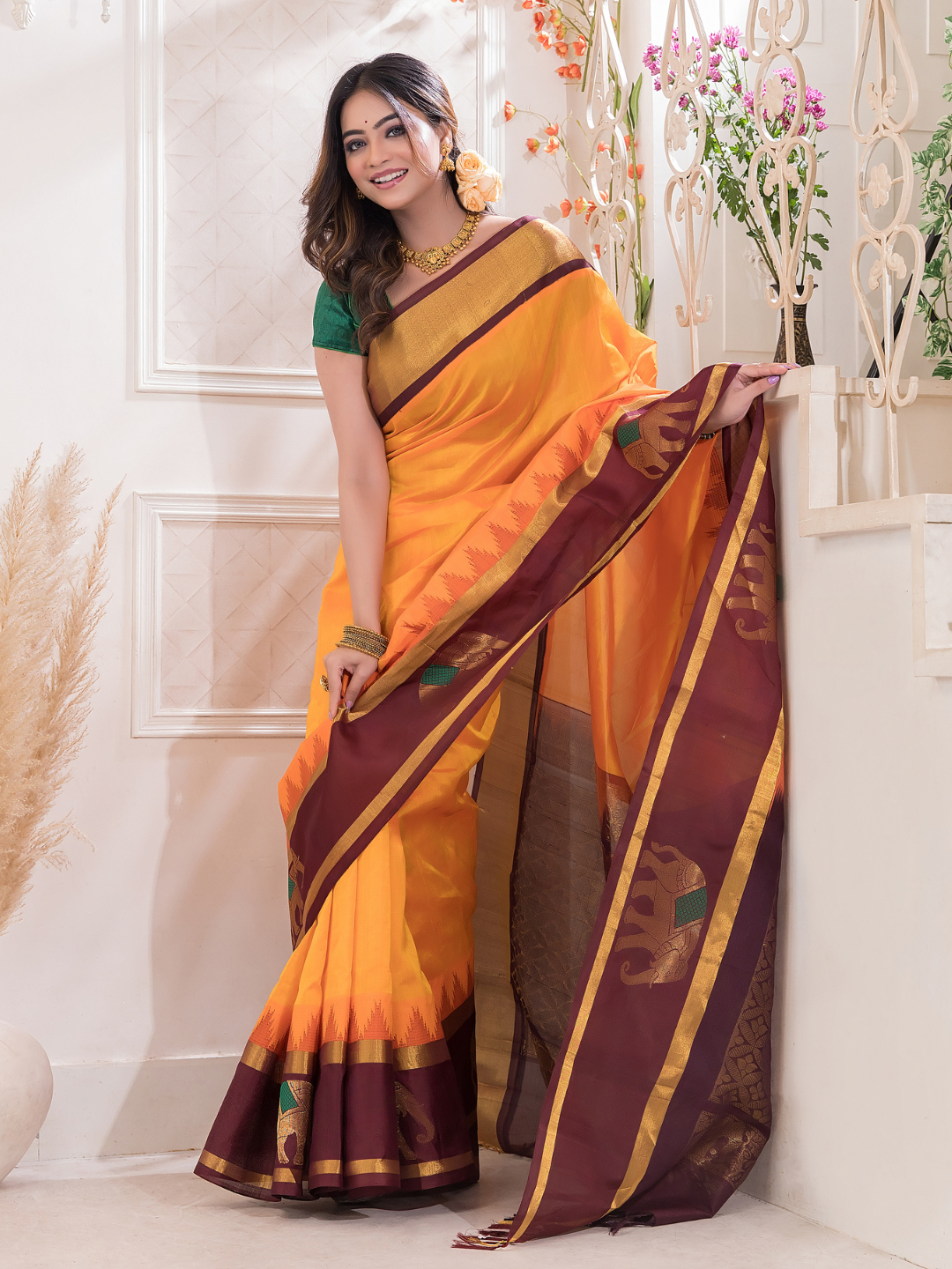 Pure Handloom Korvai Silk Cotton Saree in With Pumpkin Orange- 500