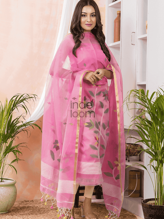 Handwoven Jamdani Muslin Unstitched 2-piece Kurti  |  Rose Pink