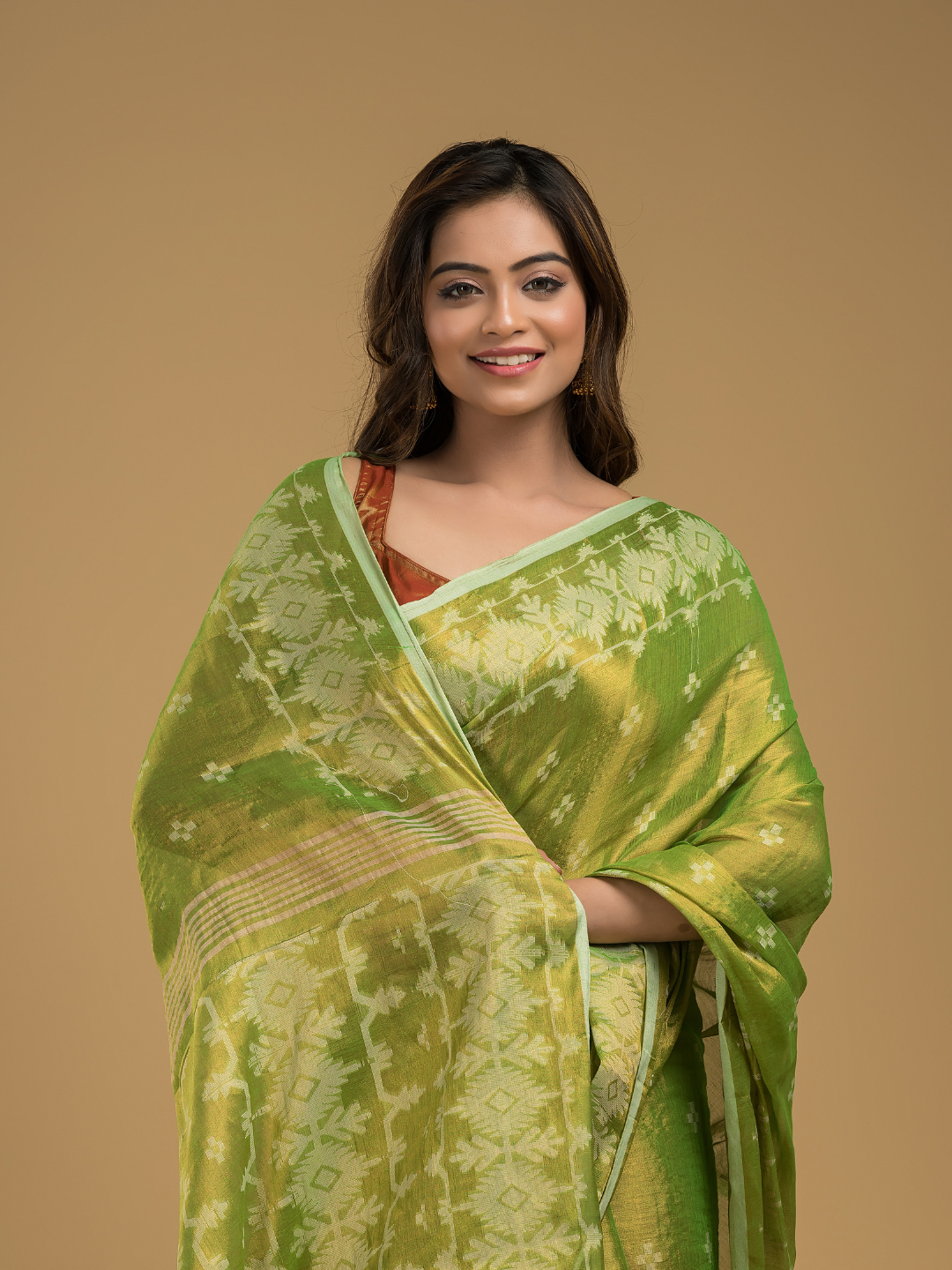 Tissue Silk Jamdani Saree Olive Green -043