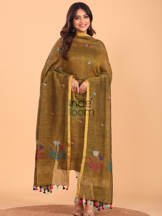 Handwoven Jamdani Linen Unstitched 2-piece Kurti  |  Coffee Brown