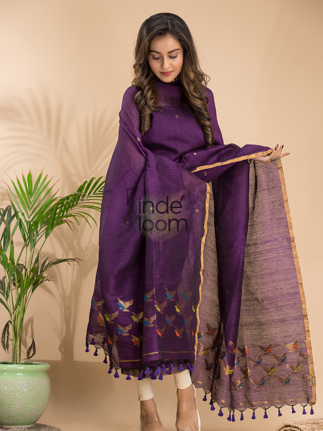 Wine Purple Cotton Linen 2-Piece Set Kurti & Dupatta (UNSTITCHED) - 003