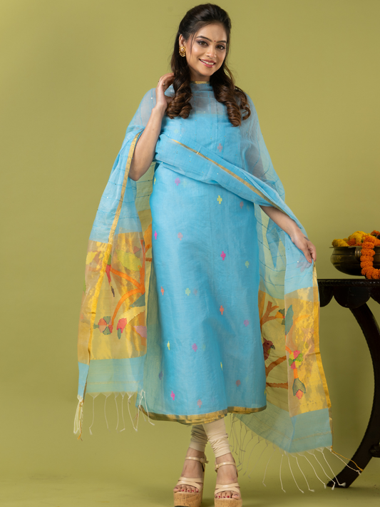 Handwoven Jamdani Muslin Unstitched 2-piece Kurti | Sky Blue