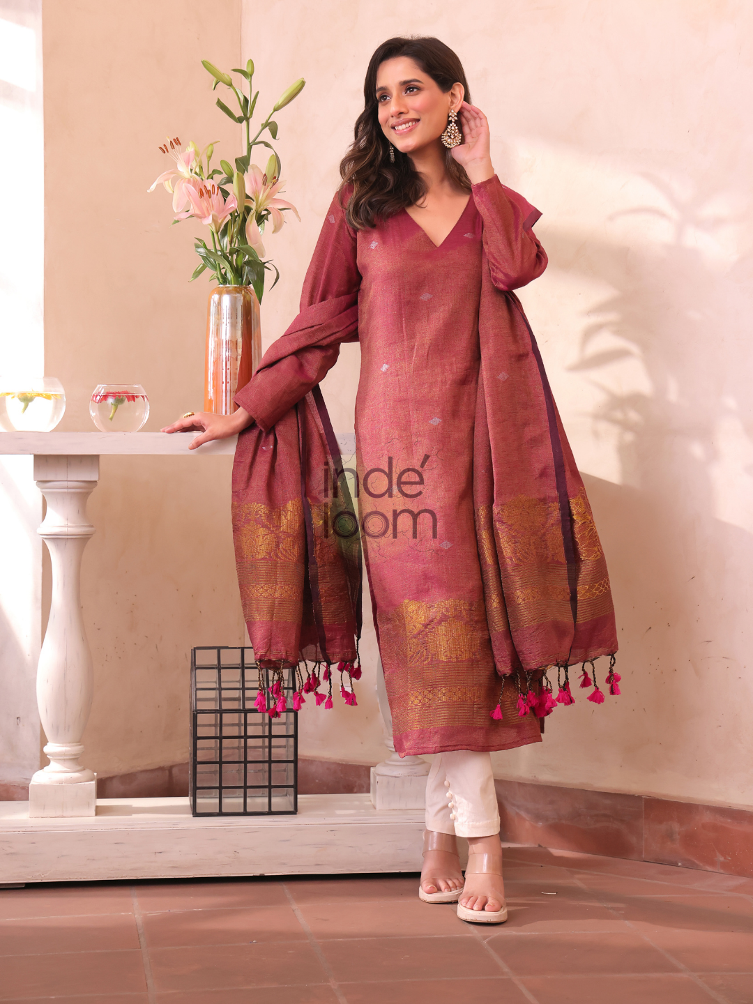 Currant Red Cotton Linen 2-Piece Set Kurti & Dupatta (UNSTITCHED) - 304