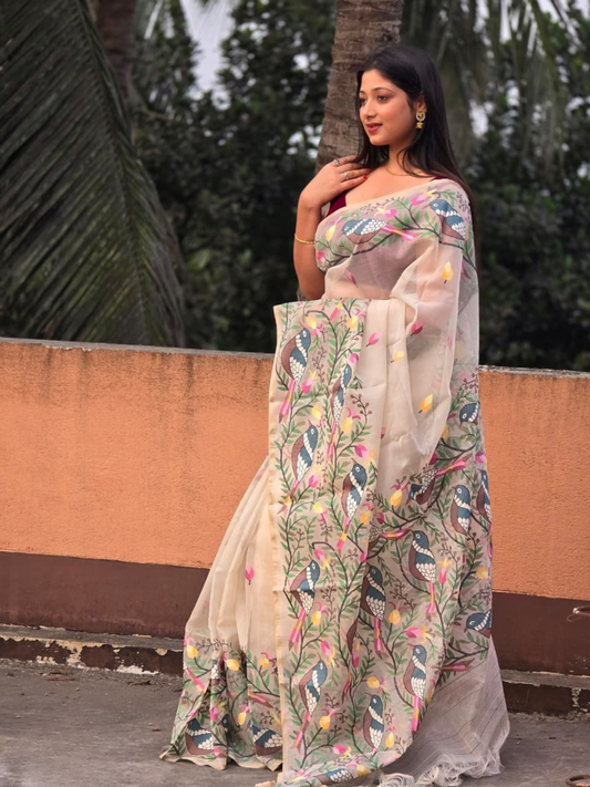 Pure Tantuj Muslin Jamdani Needle Work Handwoven Saree In Light Cream White - 159