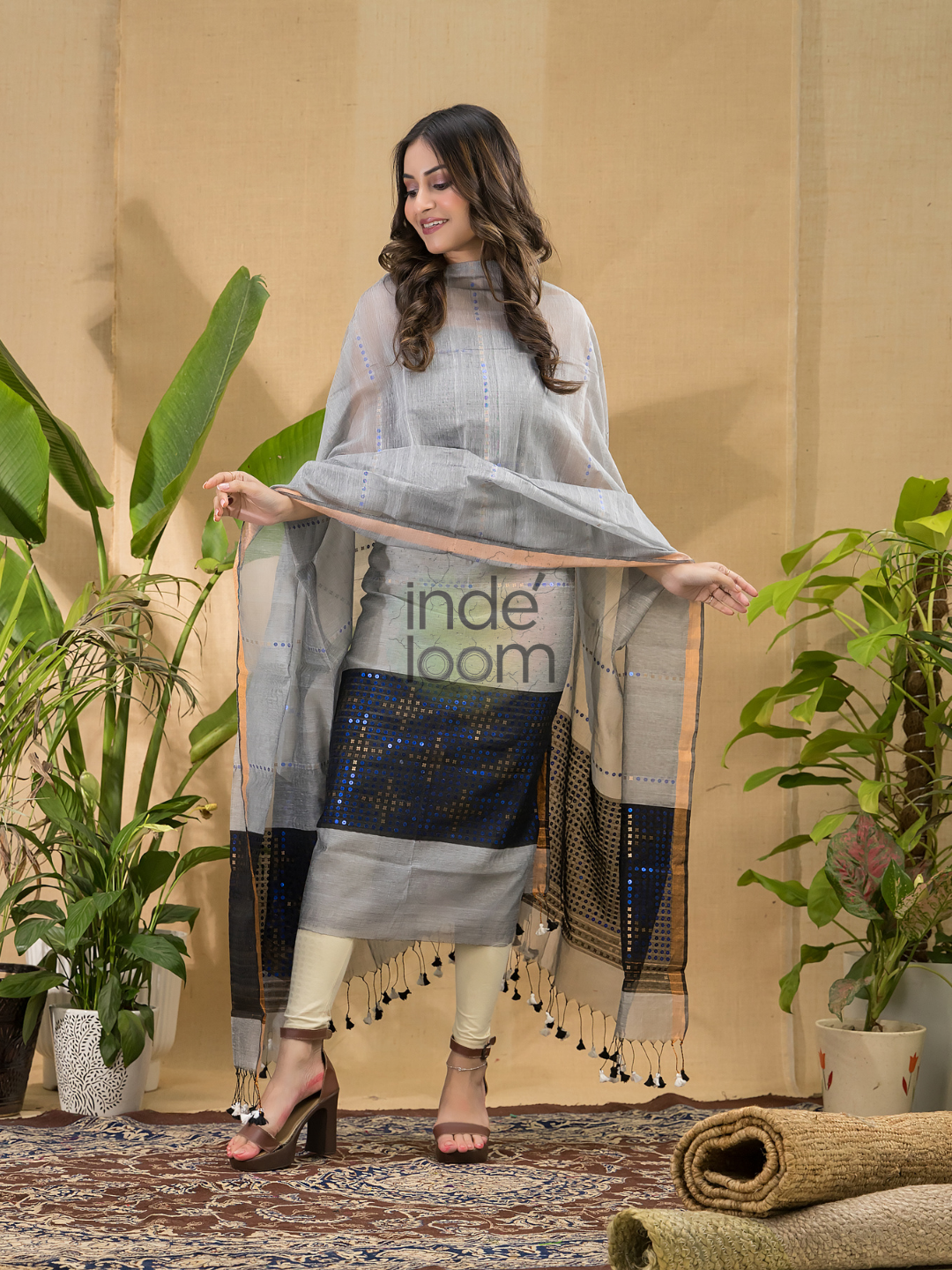 Pigeon Blue Sequin Jamdani 2-Piece Set Kurti & Dupatta (UNSTITCHED) -696