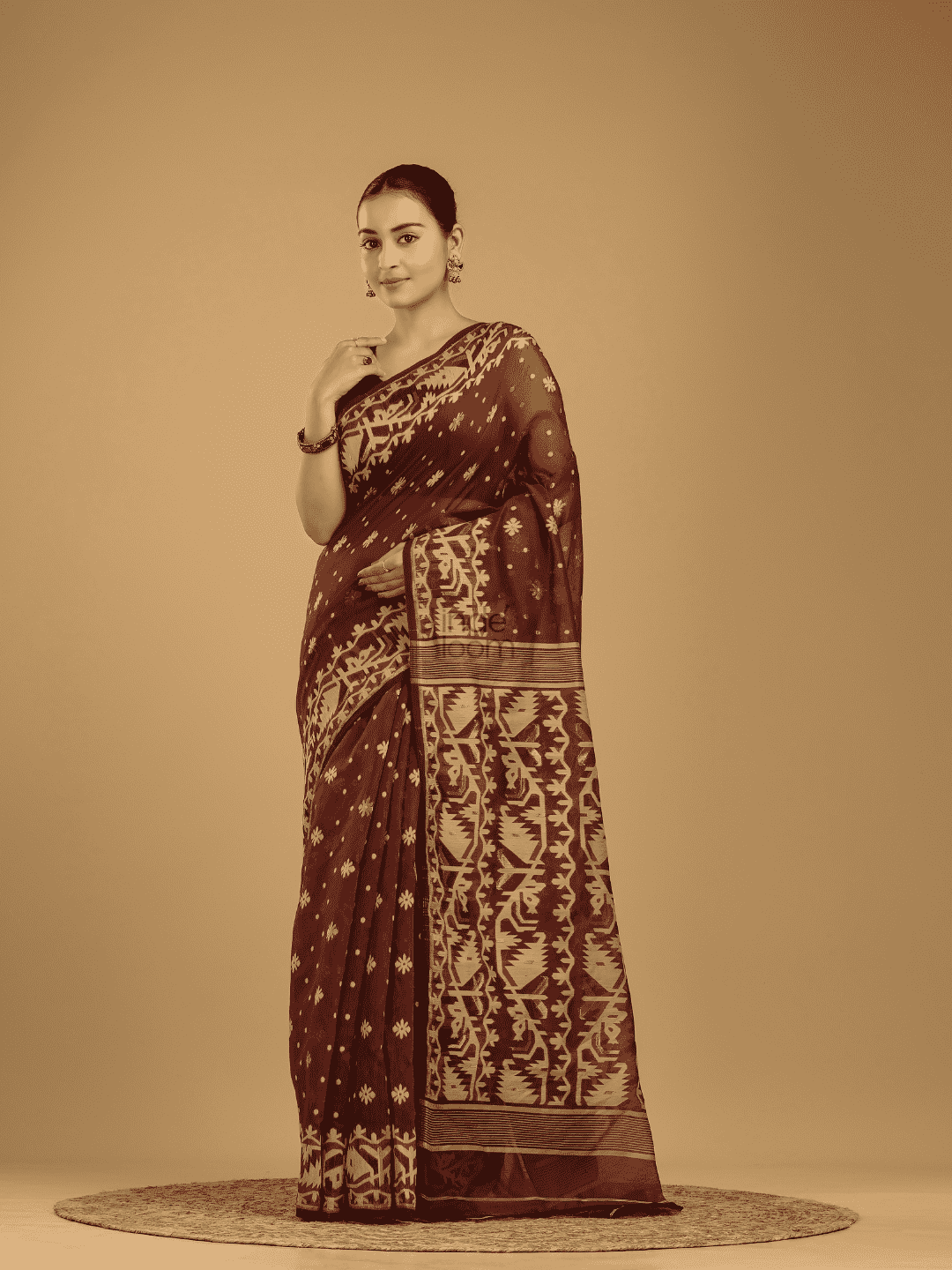Dark Brown Soft Silk Jamdani Saree - 003 - indeloom