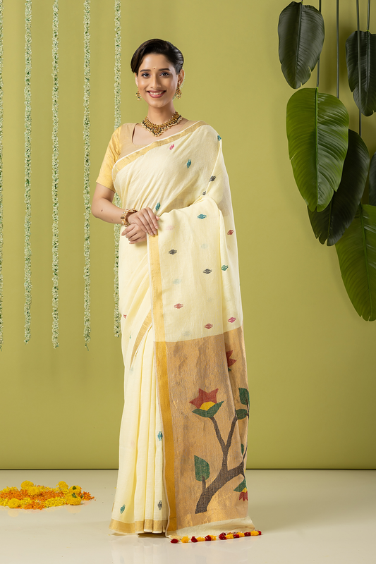 Handwoven Jamdani Muslin Saree | Yellow and Gold | All-over Buttas with All-over Jamdani weaves