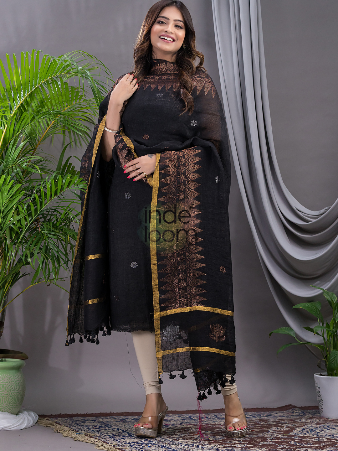 Coal Black Linen X Linen 2-Piece Set Kurti & Dupatta (UNSTITCHED) - 103