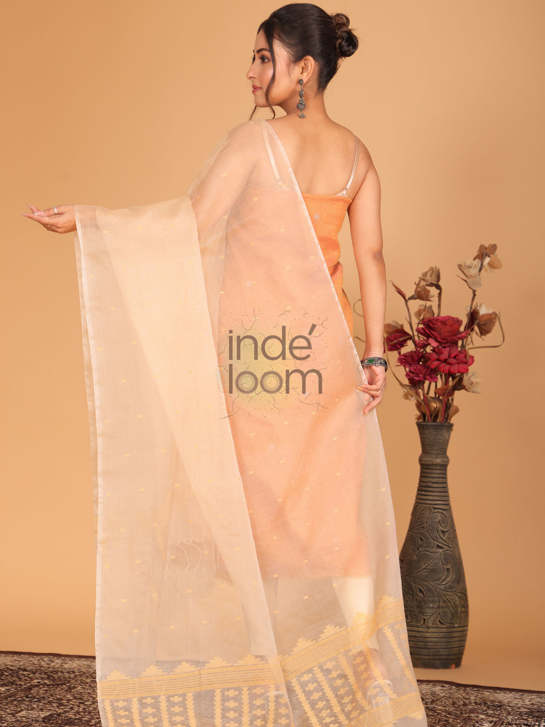 Pure Handloom Muslin Jamdani Dupatta With Linen White  - 005