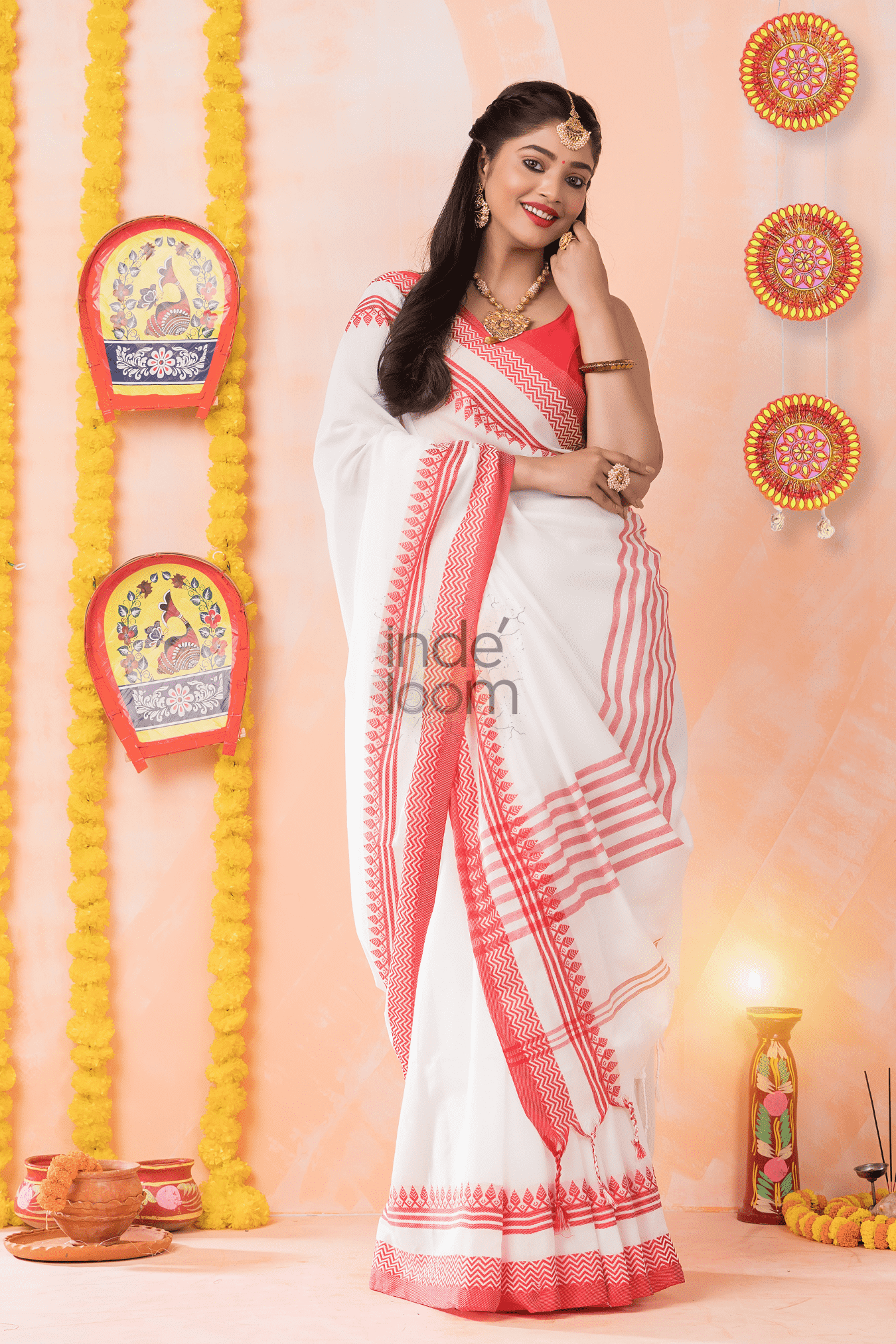 Durga Puja Saree with Red Lines and Red border.-033 - indeloom