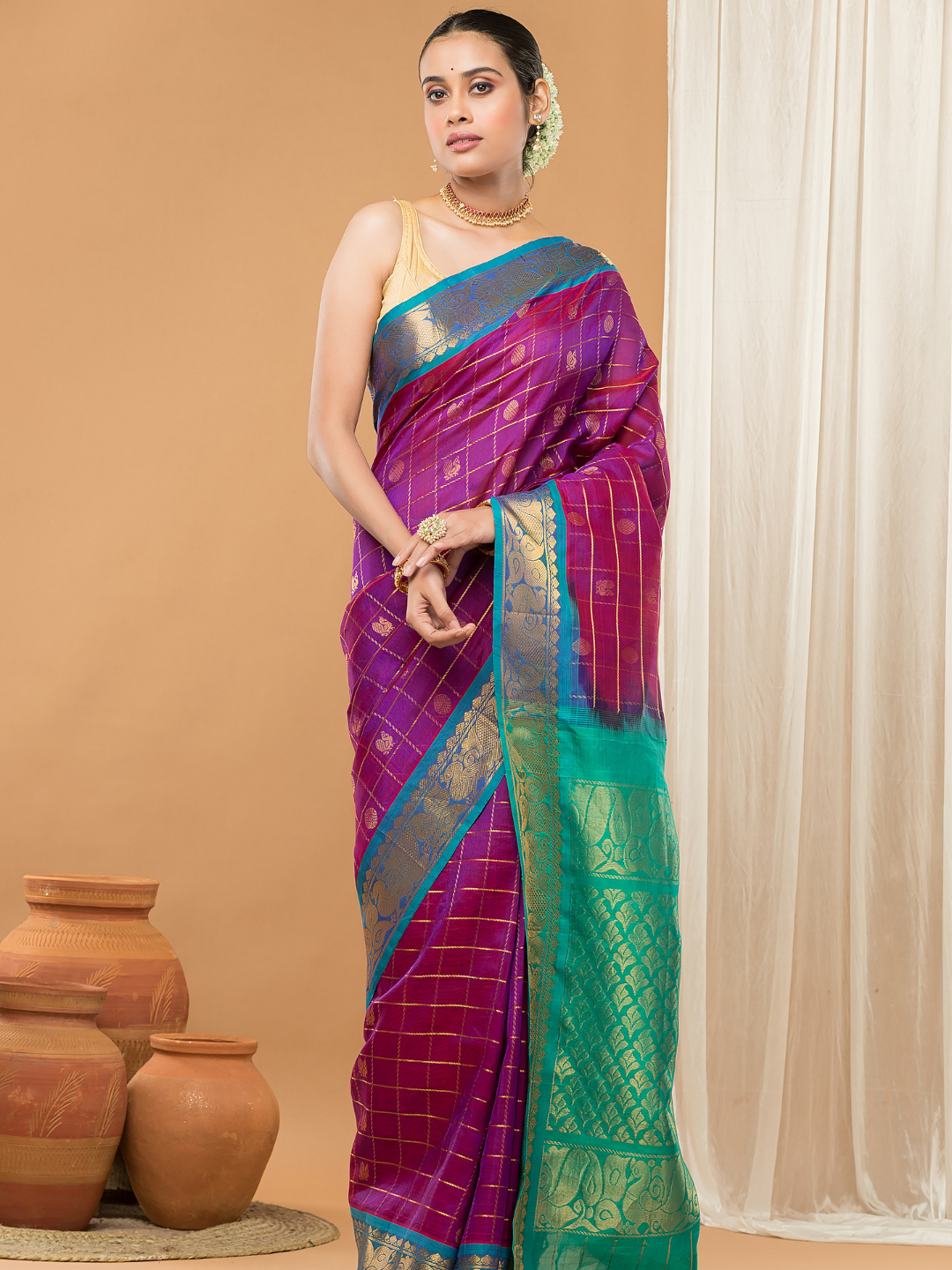Pure Handloom Korvai Saree | Orchid Purple Cyan Blue