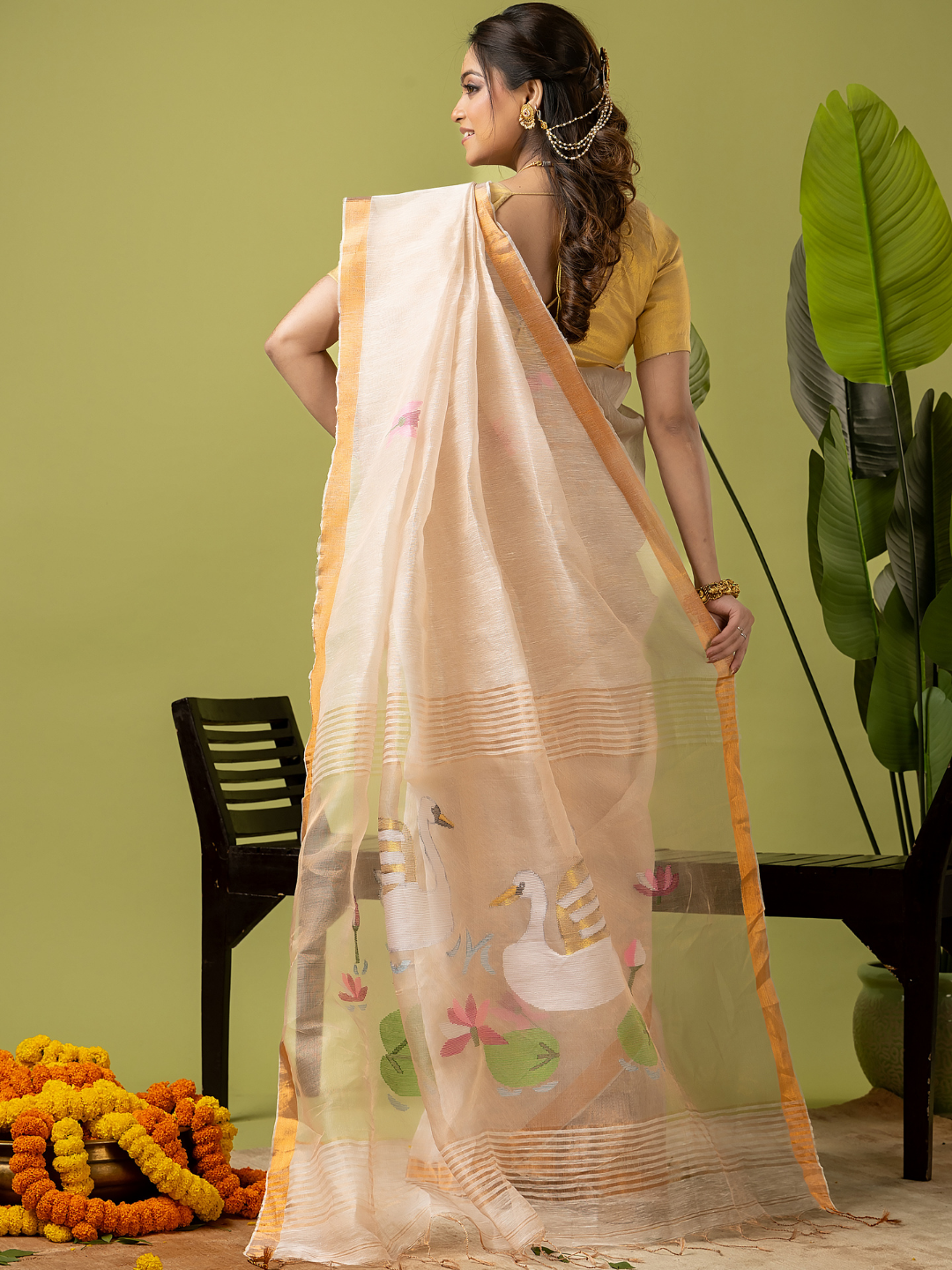 Pure Jamdani Linen Saree | Cream White  and White  | Half and Half style with Contrast Border