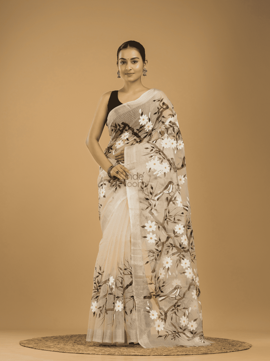 Kota Doria Handpainted Saree With Lace White - 003 - indeloom