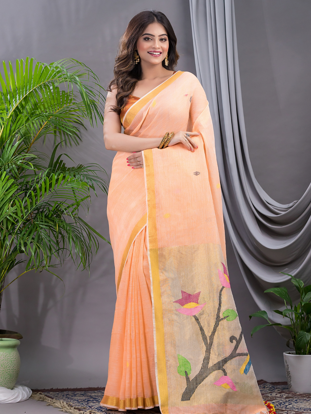 Linen Jamdani Saree With Neon Orange - 029