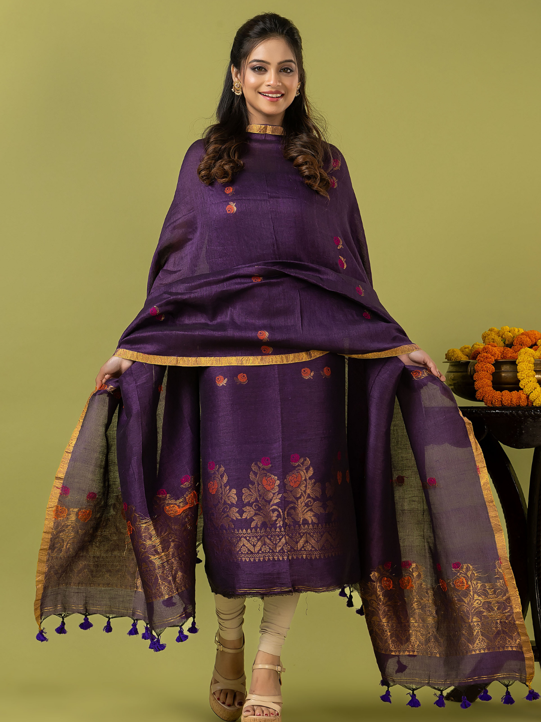 Handwoven Jamdani Linen Unstitched 2-piece Kurti | Aubergine Purple