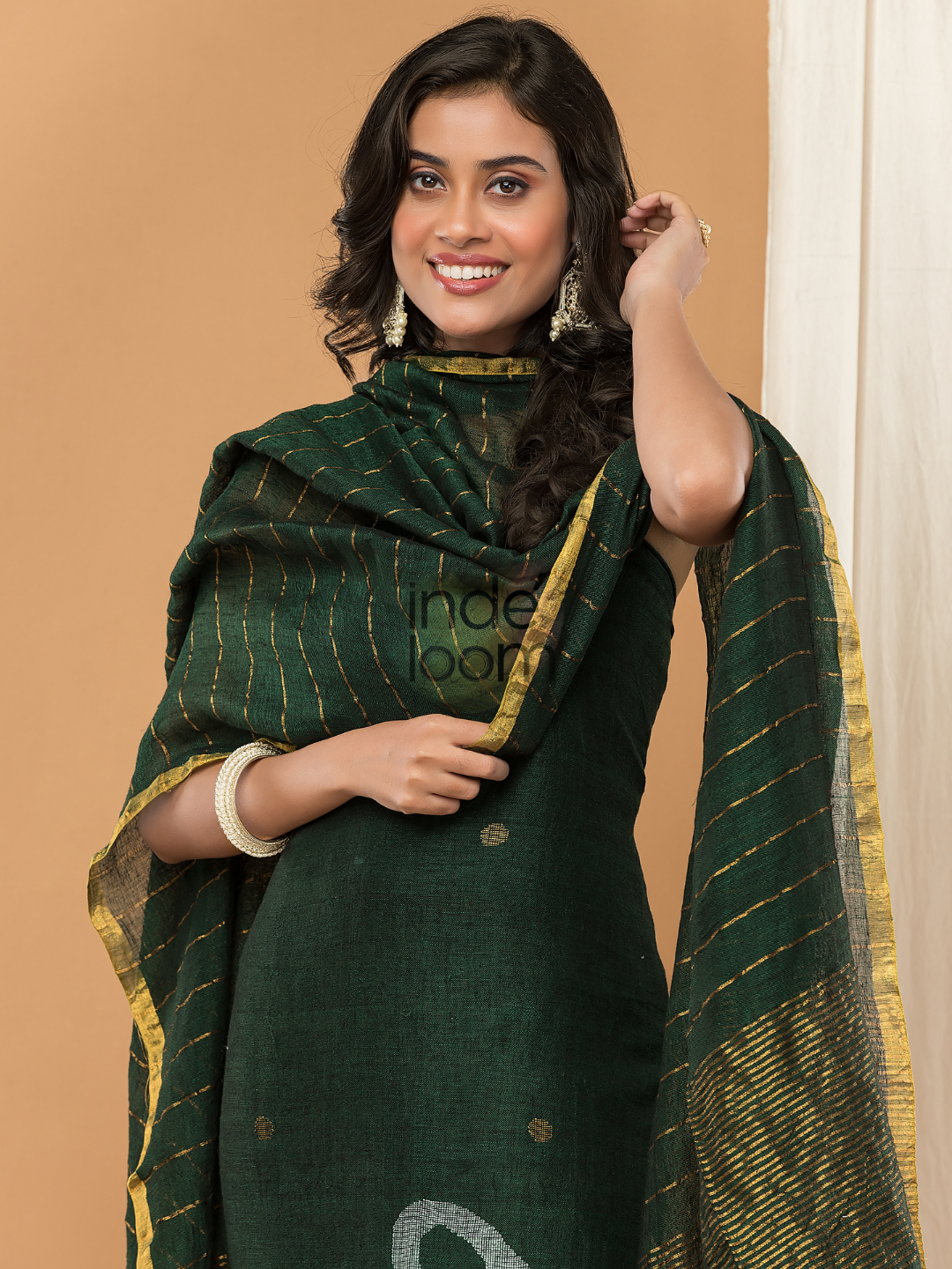 Deep Green color  Jamdani 2-Piece Set Kurti & Dupatta (UNSTITCHED) - 164