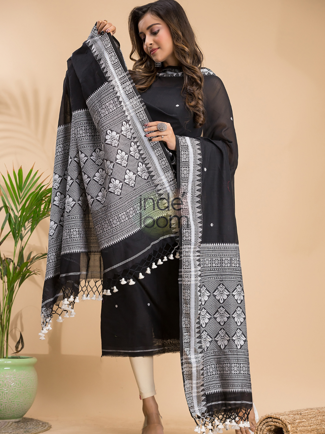 Coal Black Muslin Cotton X Baluchari 2-Piece Set Kurti & Dupatta (UNSTITCHED) - 029