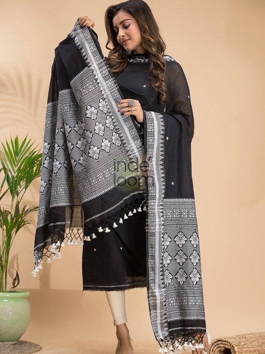 Coal Black Muslin Cotton X Baluchari 2-Piece Set Kurti & Dupatta (UNSTITCHED) - 029