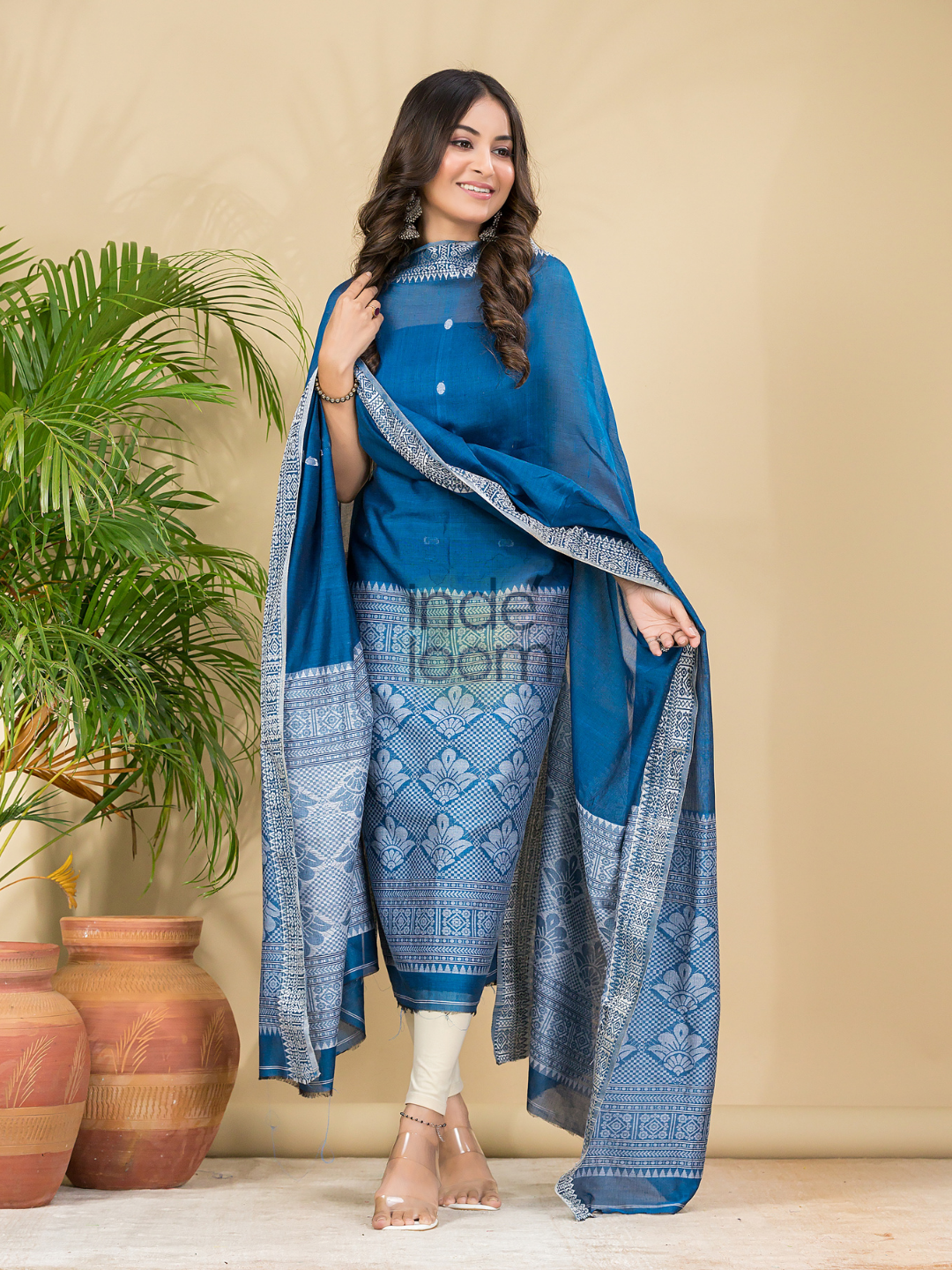 Classic Blue Mercerised Cotton Baluchari 2-Piece Set Kurti Dupatta (UNSTITCHED)-888