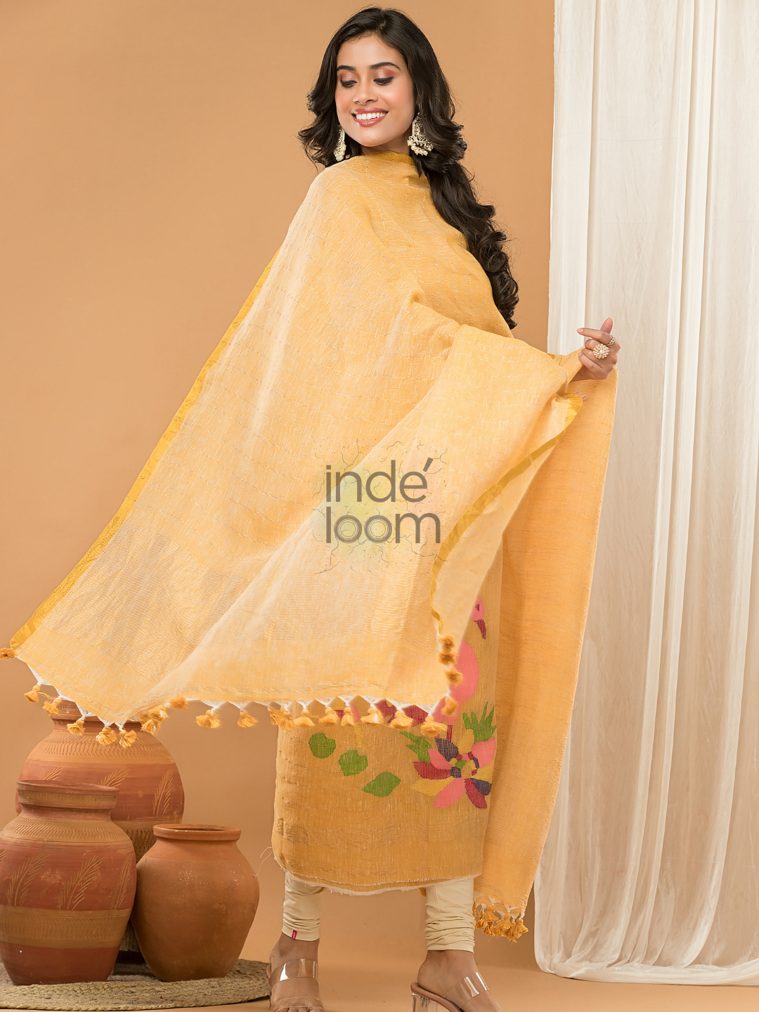 Honey Yellow | Handloom Jamdani Linen Unstitched 2-Piece Kurti