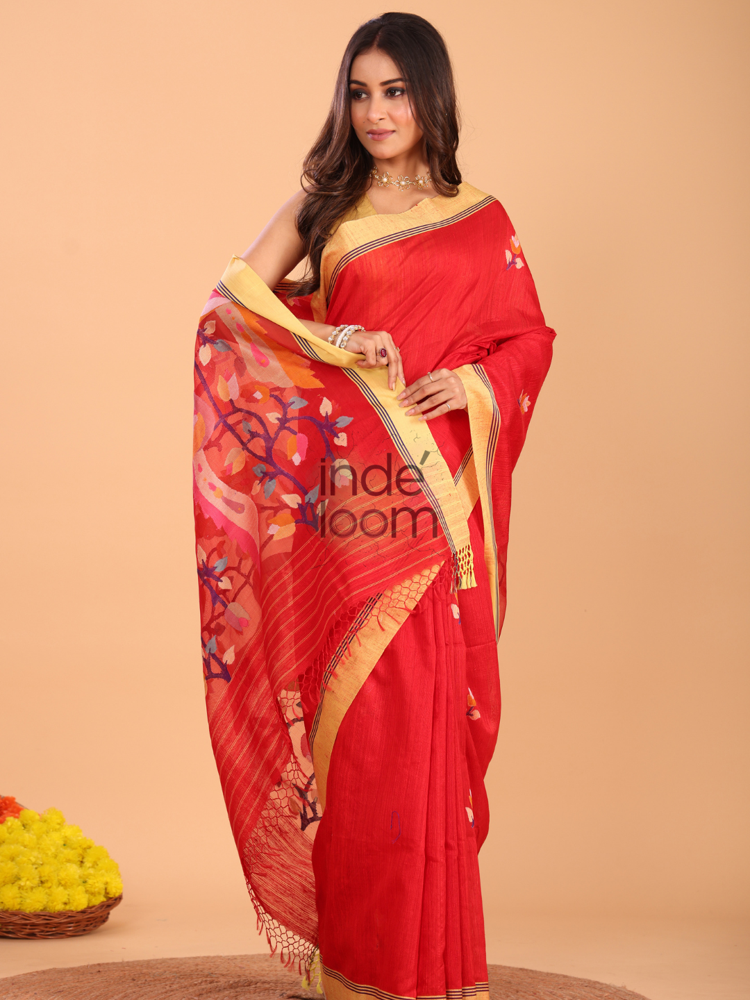 Silk Jamdani Saree With Burgundy Imperial Red - 158