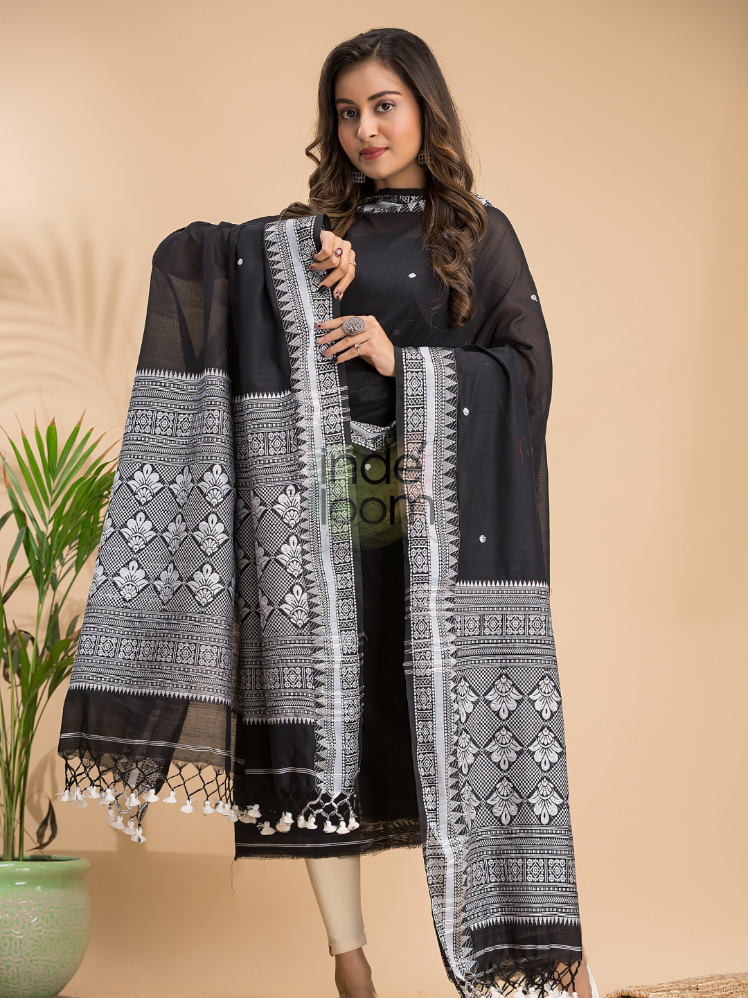 Coal Black Muslin Cotton X Baluchari 2-Piece Set Kurti & Dupatta (UNSTITCHED) - 029