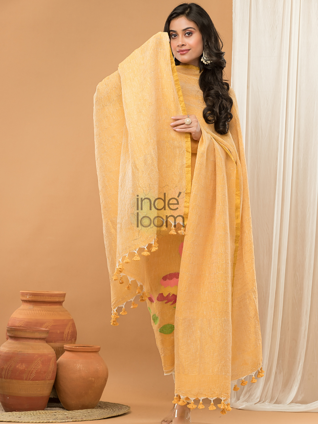 Honey Yellow | Handloom Jamdani Linen Unstitched 2-Piece Kurti