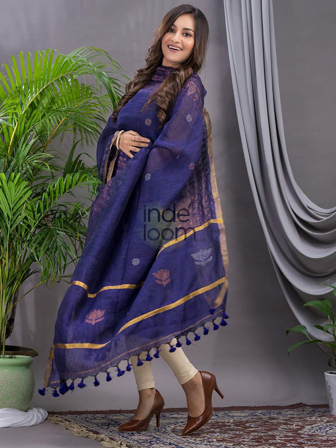 Midnight Blue Linen X Linen 2-Piece Set Kurti & Dupatta (UNSTITCHED) - 127
