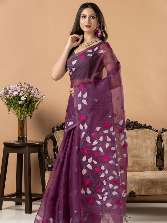 Handwoven Jamdani Muslin Silk Saree | Plum Purple