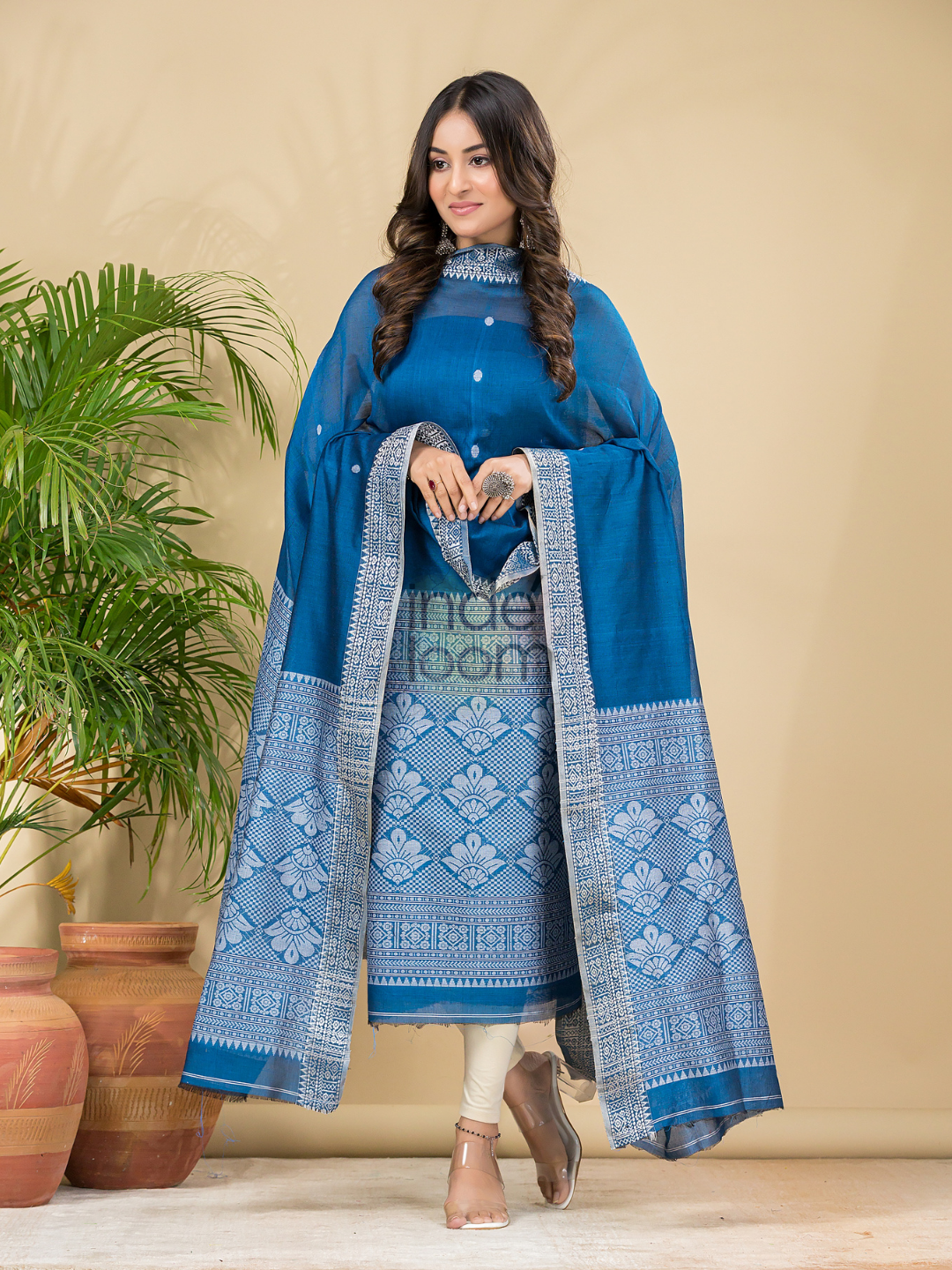 Classic Blue Mercerised Cotton Baluchari 2-Piece Set Kurti Dupatta (UNSTITCHED)-888