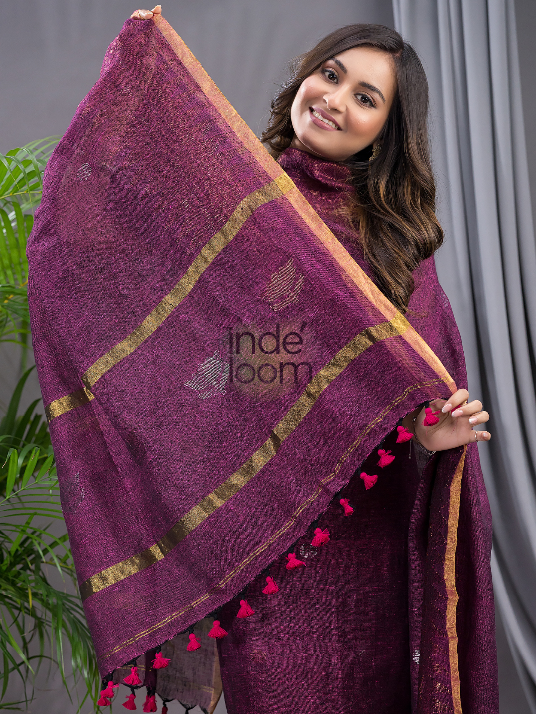 Burgundy Plum | Handloom Jamdani Silk-Cotton Unstitched 2-Piece Kurti | Meenakari Design