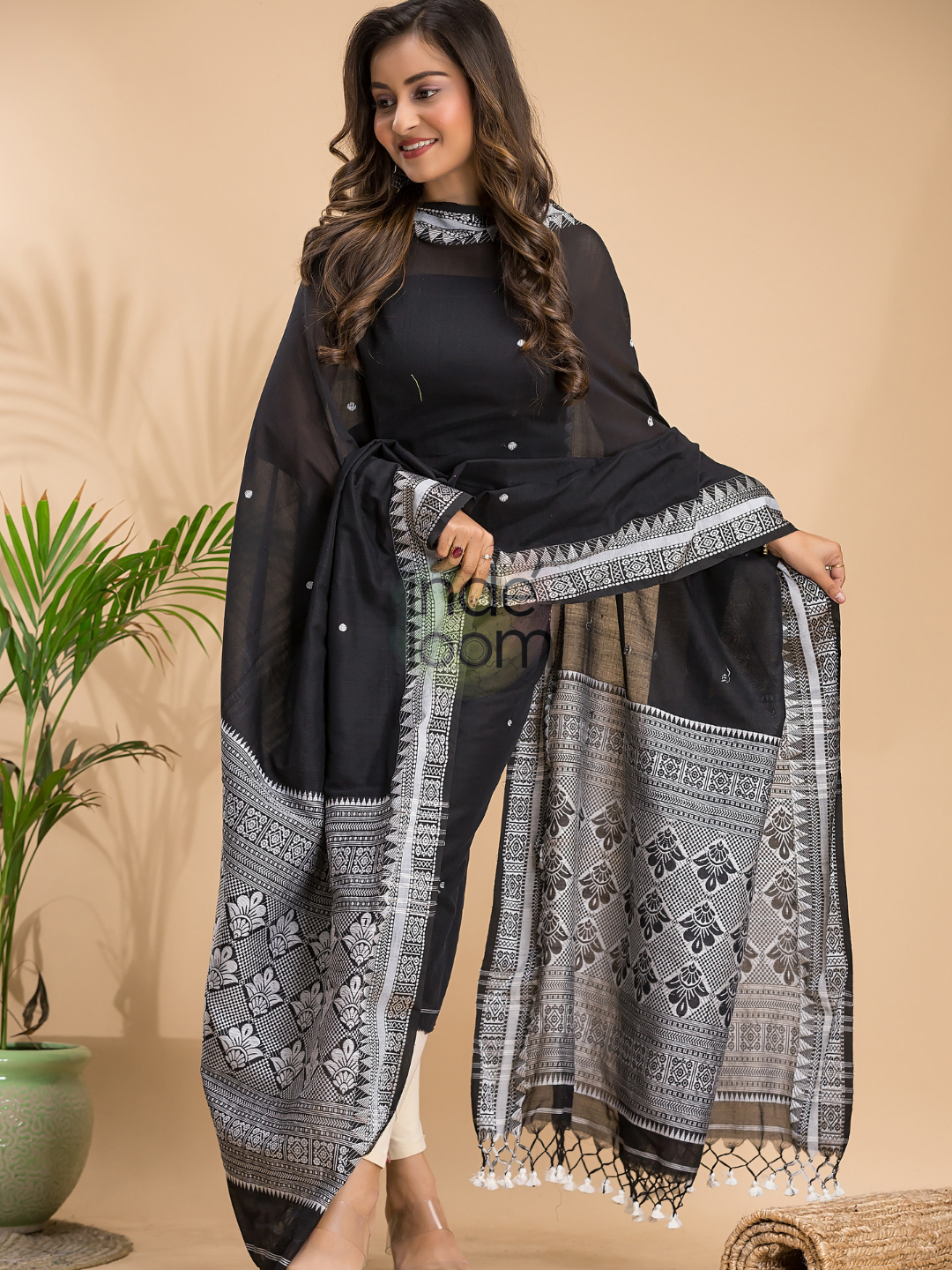 Coal Black Muslin Cotton X Baluchari 2-Piece Set Kurti & Dupatta (UNSTITCHED) - 029