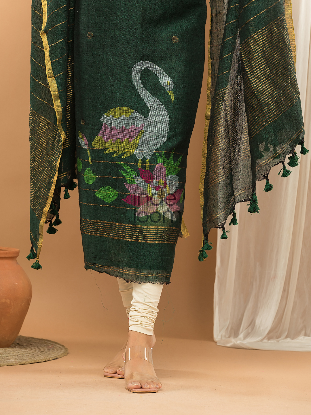 Deep Green color  Jamdani 2-Piece Set Kurti & Dupatta (UNSTITCHED) - 164