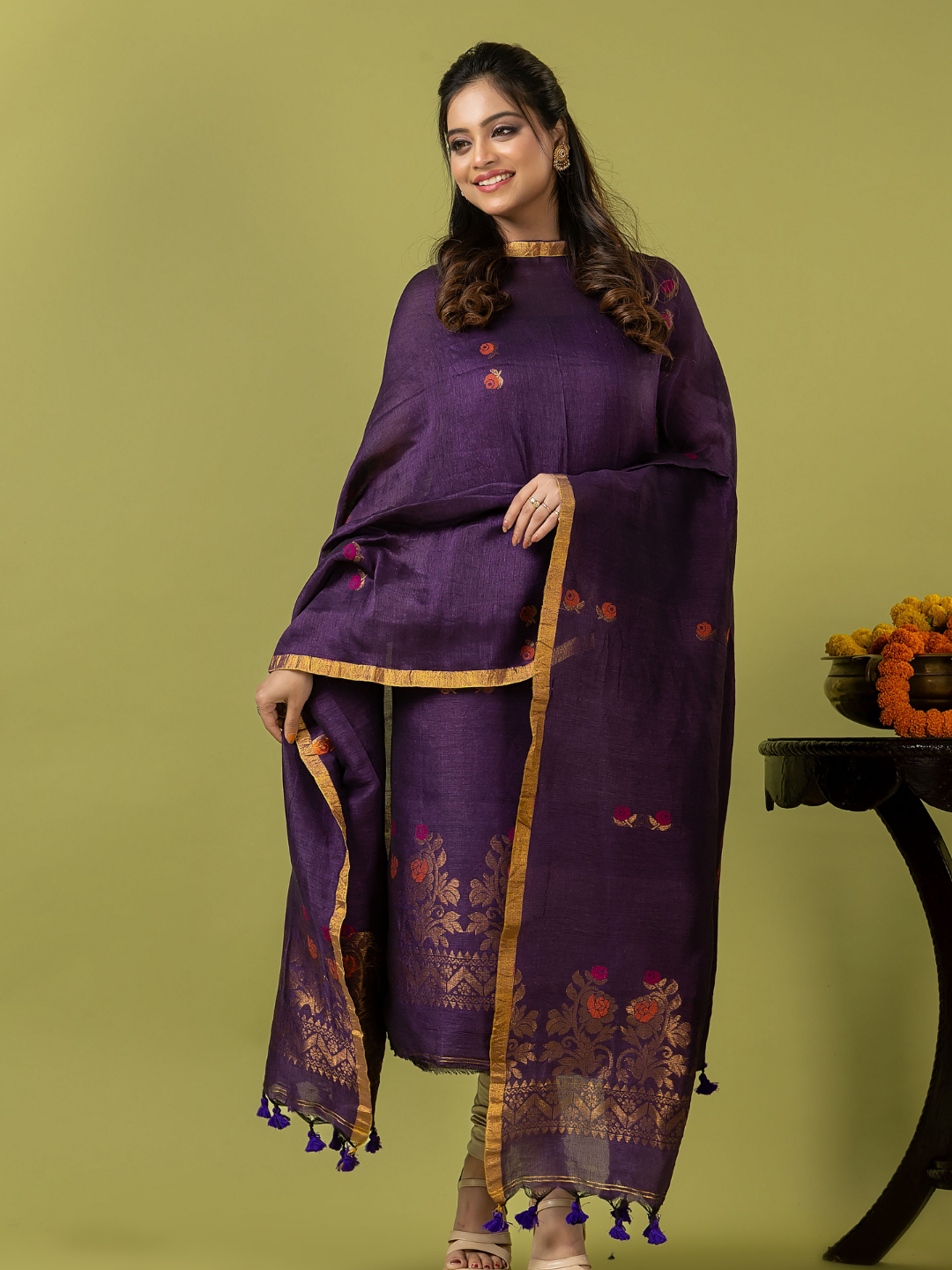 Handwoven Jamdani Linen Unstitched 2-piece Kurti | Aubergine Purple