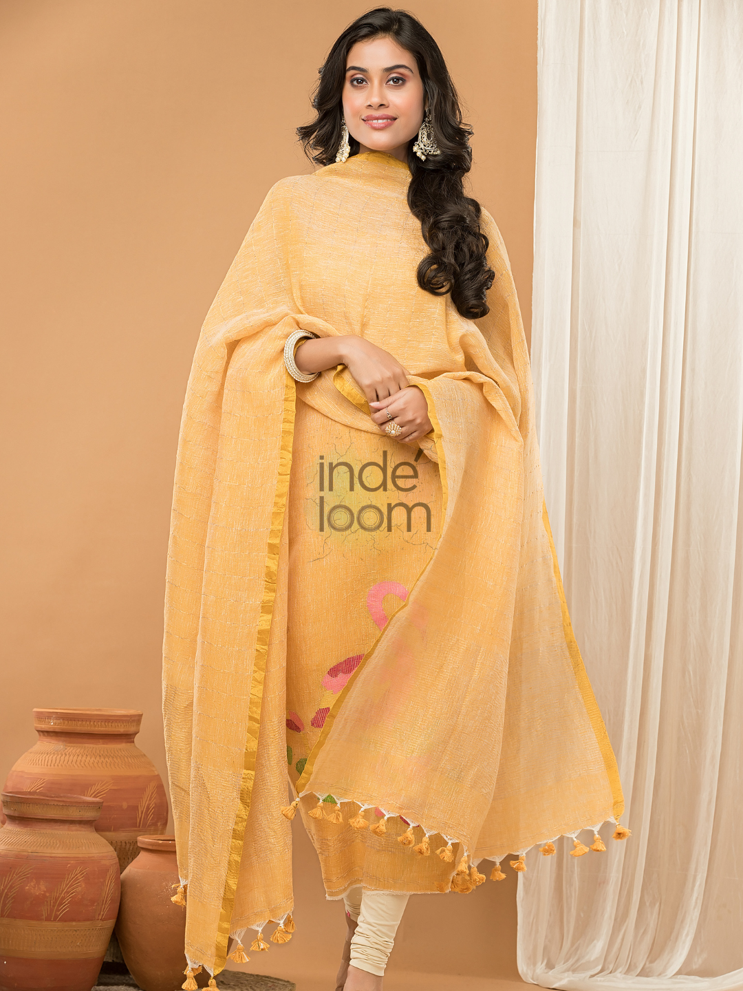Honey Yellow | Handloom Jamdani Linen Unstitched 2-Piece Kurti