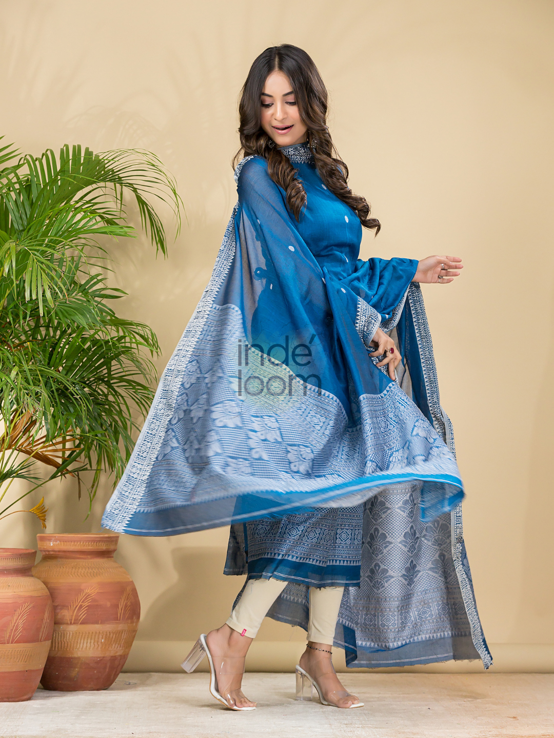 Classic Blue Mercerised Cotton Baluchari 2-Piece Set Kurti Dupatta (UNSTITCHED)-888