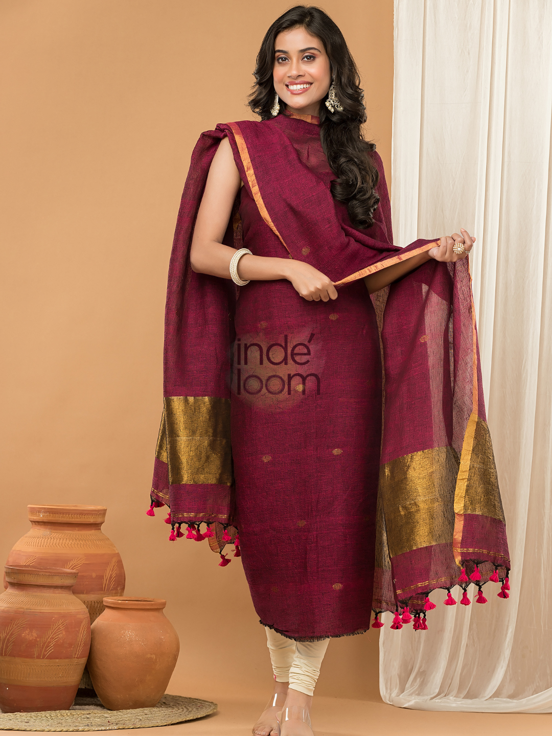 Linen Jamdani Unstitched 2-Piece Kurti  |  Wine Red