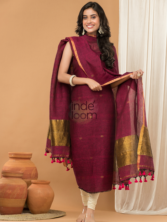 Linen Jamdani Unstitched 2-Piece Kurti  |  Wine Red
