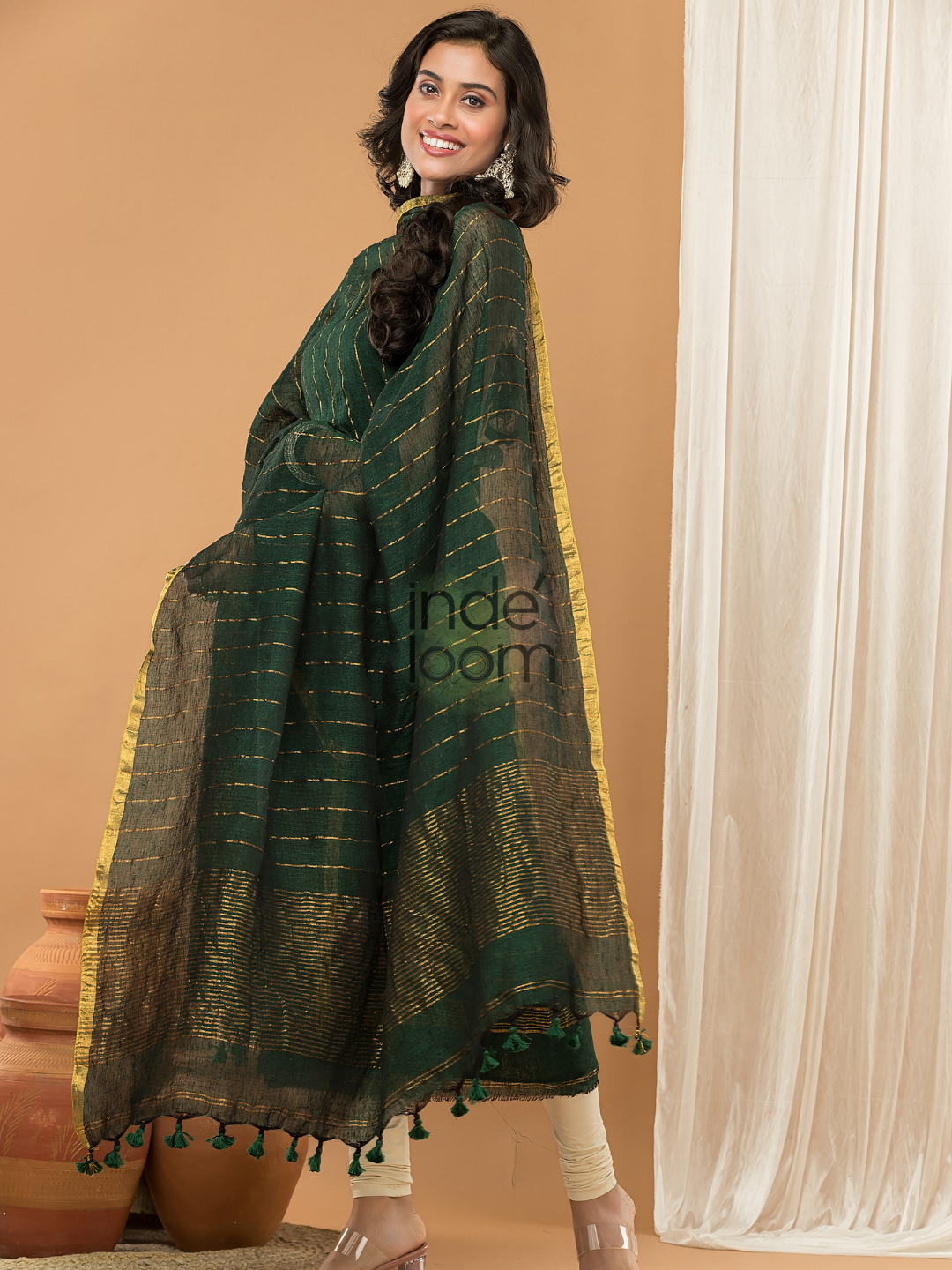 Deep Green color  Jamdani 2-Piece Set Kurti & Dupatta (UNSTITCHED) - 164