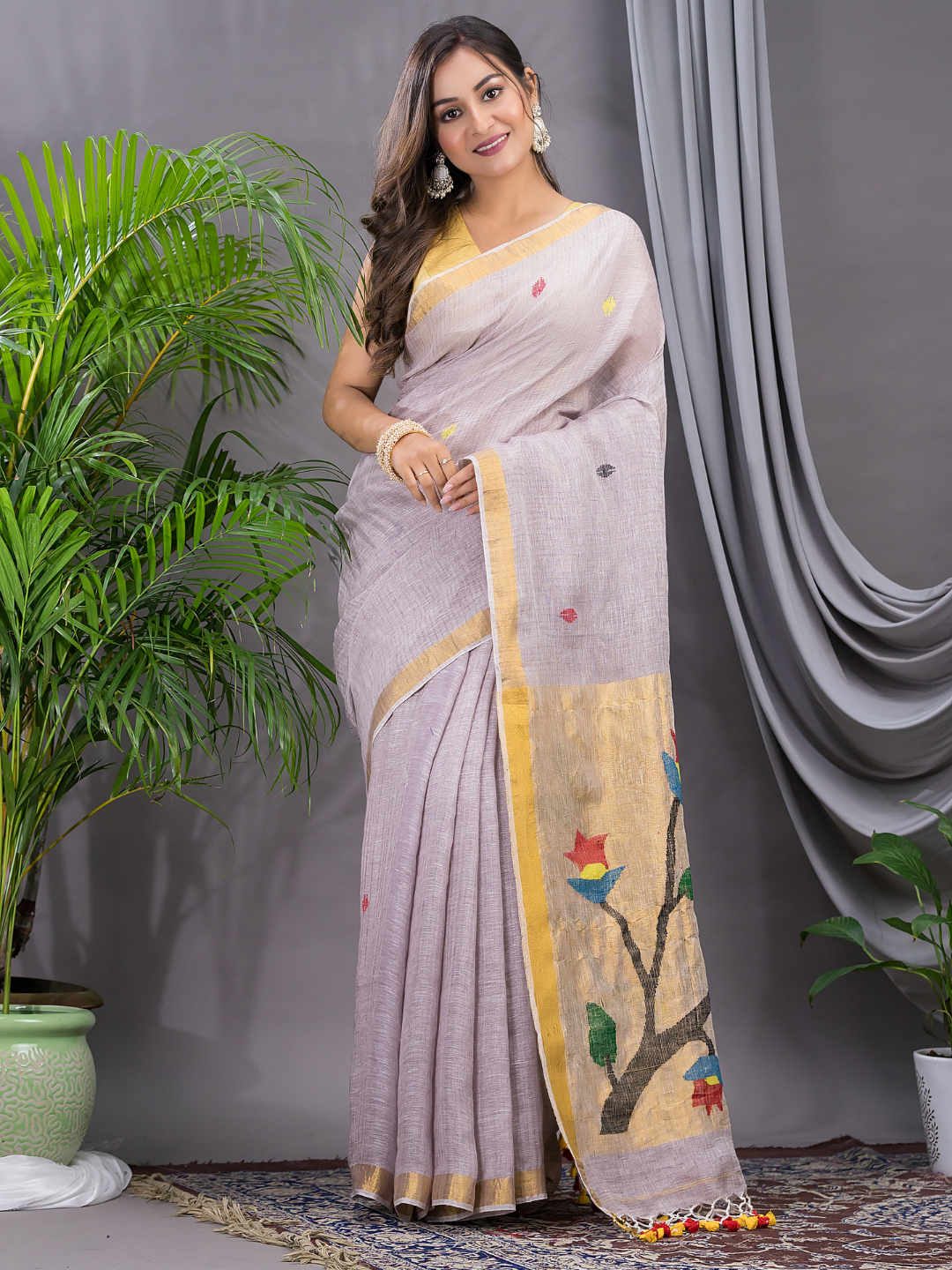 Linen Jamdani Saree With Pale Purple - 030