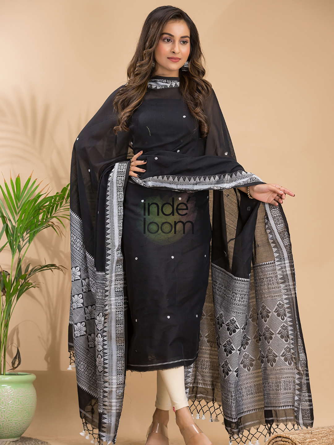 Coal Black Muslin Cotton X Baluchari 2-Piece Set Kurti & Dupatta (UNSTITCHED) - 029