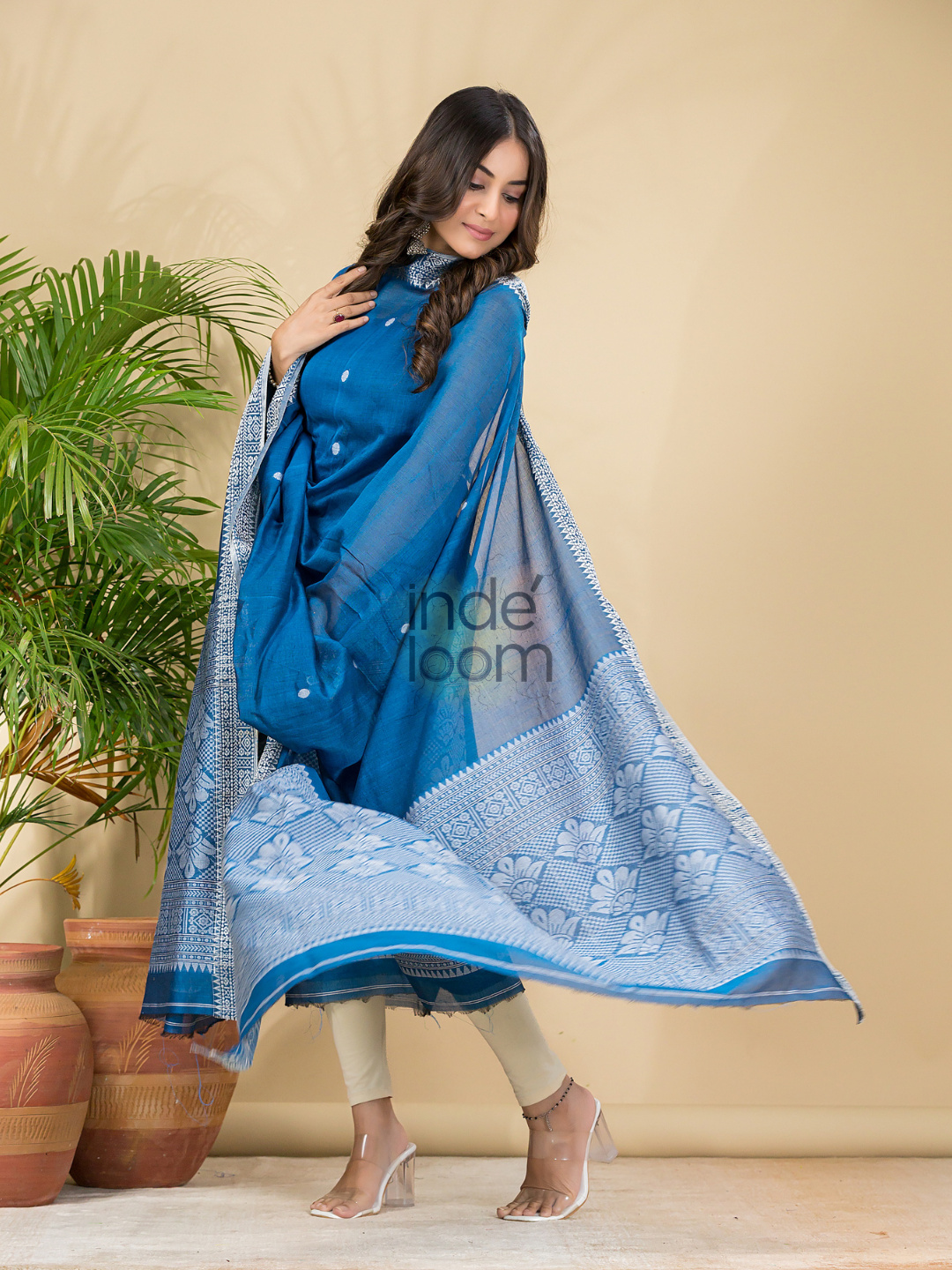 Classic Blue Mercerised Cotton Baluchari 2-Piece Set Kurti Dupatta (UNSTITCHED)-888